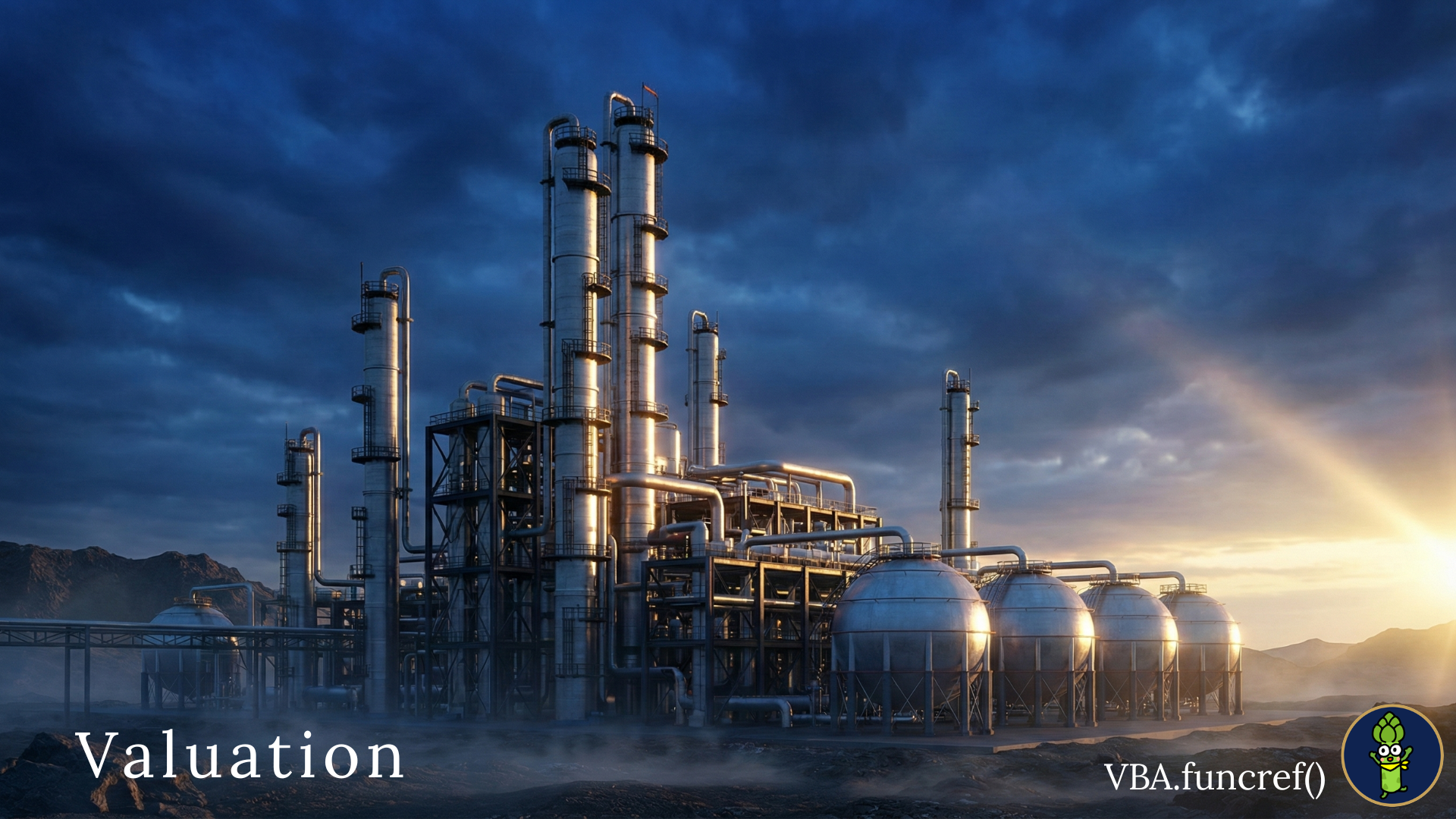 A cinematic and hyper-realistic wide shot of a massive, futuristic industrial gas plant at dawn. [Subject]: Complex piping and spherical gas tanks made of metallic silver and dark steel, representing a robust infrastructure. [Atmosphere]: The sky is a deep, moody blue (representing the scandal/crisis), but a warm, golden sunlight is just beginning to break through the horizon on the right side, illuminating the plant's structure with a sharp rim light. [Mood]: Resilience, silence before the comeback, stoic strength. [Style]: High-end architectural photography, 8k resolution, sharp focus, slight dramatic contrast. --ar 16:9 --v 6.0